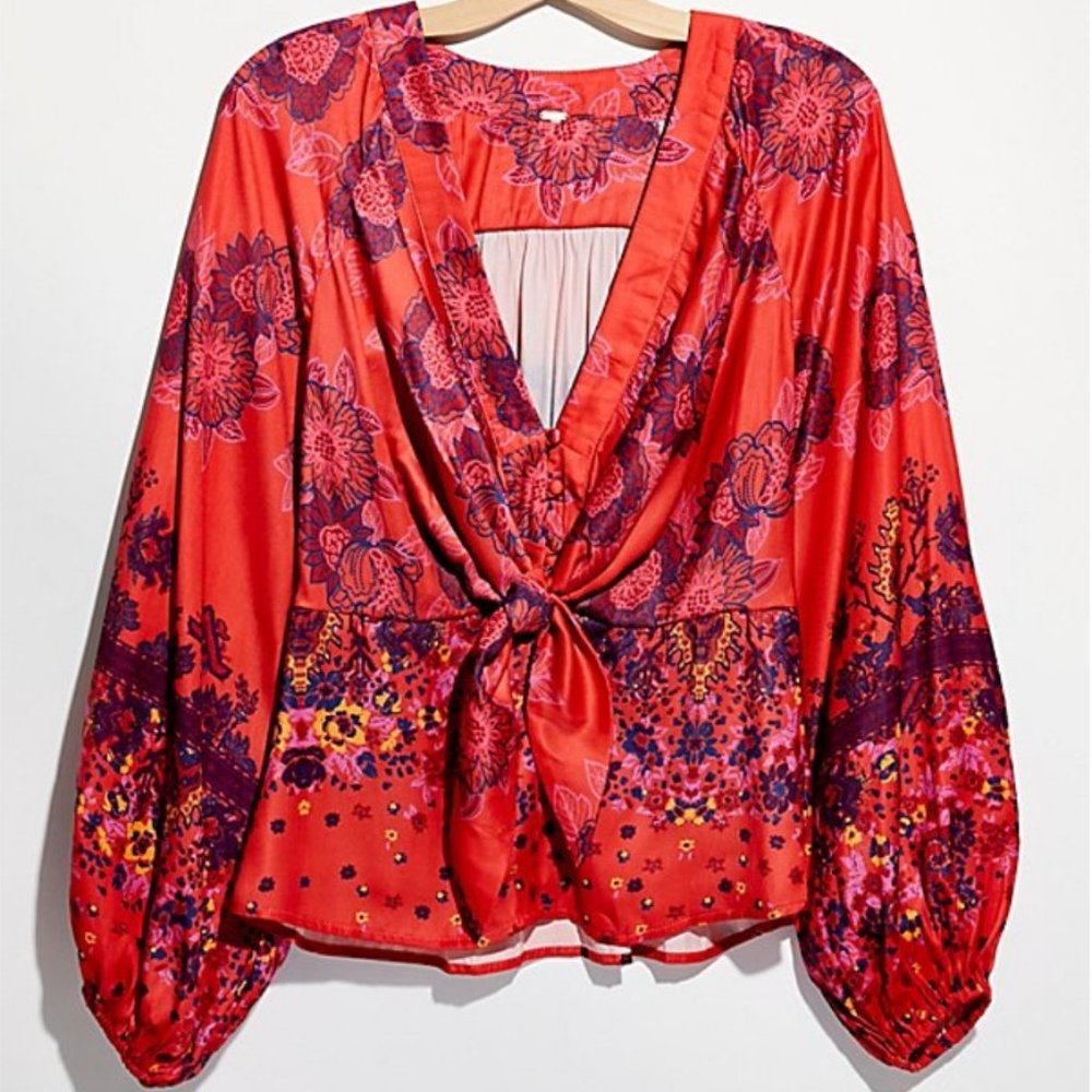 Free People Run Free Blouse in Cherry Combo (Red)